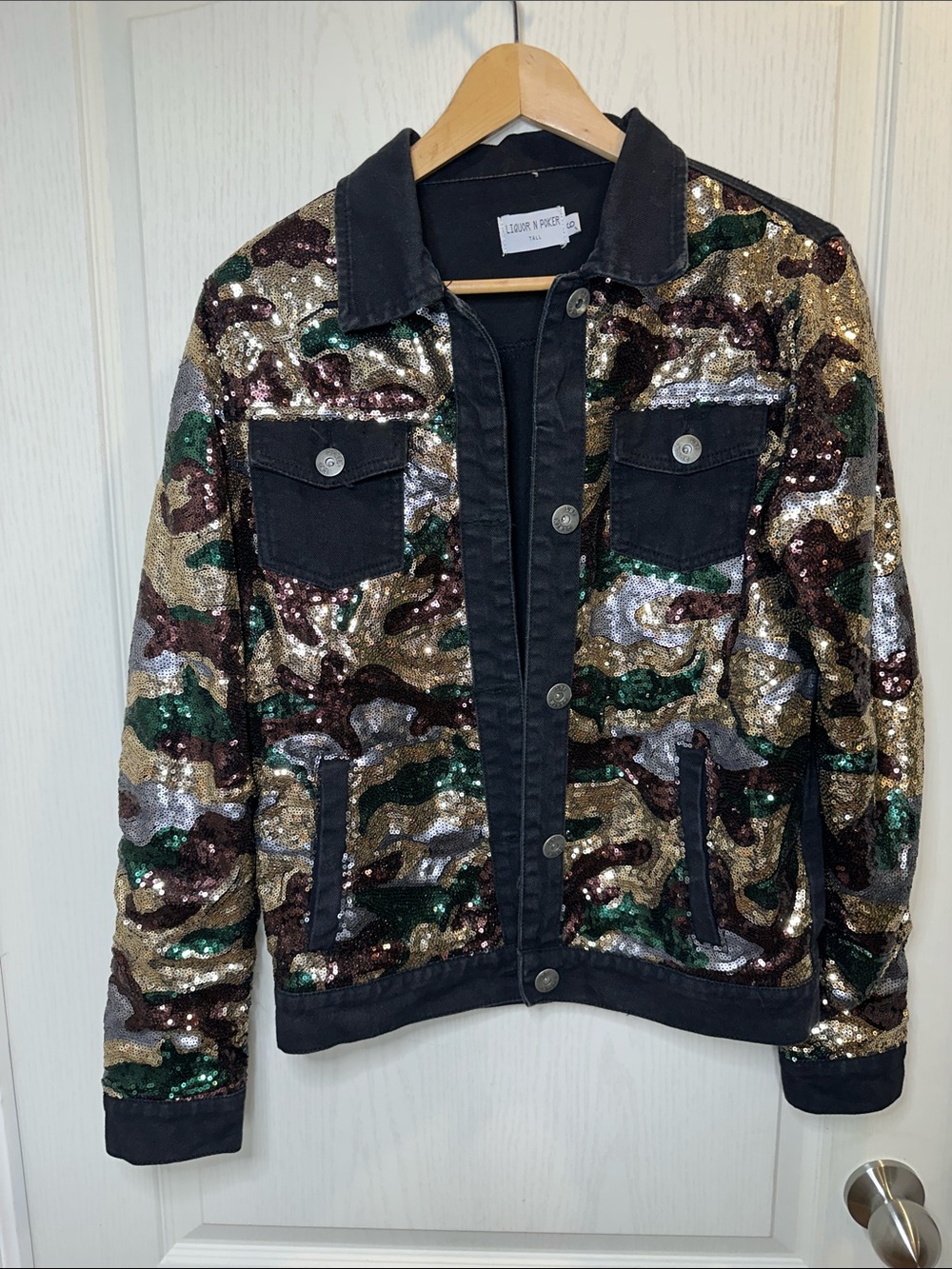 sequin camo jean jacket size 6 | inside sleeze festival maximalism